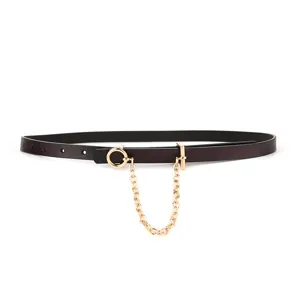 Women thin leather belt with metal chain and T-bar buckle, stylish retro pants accessory.