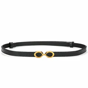 Cinturón de cuero negro fino para mujer con hebilla metálica dorada, diseño clásico.