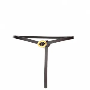 Women's genuine leather thin belt with irregular metal buckle, minimalist dress accessory.