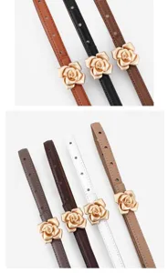 Women's thin leather belt with metal rose flower buckle, stylish waist accessory for dresses.