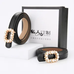 Women Fashion Genuine Leather Belt With Rhinestone Pearl Metal Buckle Waist Dress Accessories