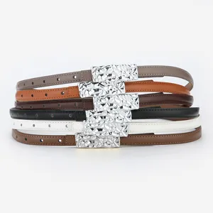 Womens thin leather belt set stackable versatile dress waistbands with stylish silver buckles