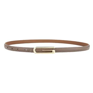 Women's slim brown leather belt with gold metal geometric buckle for dresses and casual wear.