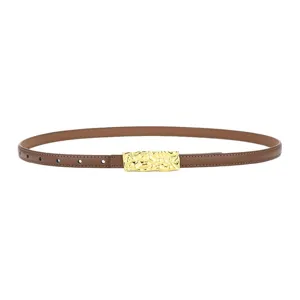 Women thin leather belt for dress trousers, elegant brown cowhide belt with gold metal buckle.