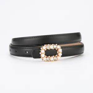 Women Black Leather Belt Pearl Rhinestone Buckle Dress Belt Fashion Variant View