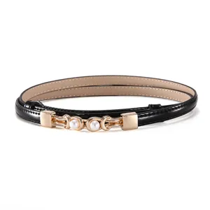 Ceinture fine femme en cuir noir avec boucle perle dorée accessoire élégant pour robe manteau