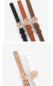 Detail view of women leather belt with metal rose flower buckle in various fashion colors.