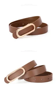 Women brown leather belt with stylish gold oval buckle minimalist fashion slim pants accessory