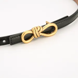 Women Cowhide Split Leather Thin Belt Bow Metal Buckle Versatile Dress Shirt Waist Cincher