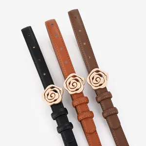 Women thin leather belt with stylish rose flower metal buckle, versatile dress waist belt