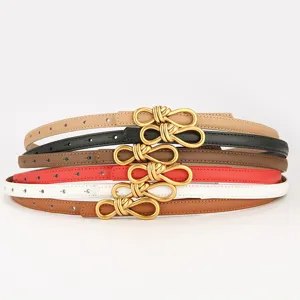 Women thin leather belt set with elegant metal bow buckle, versatile daily waist cincher.