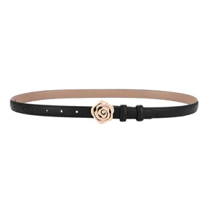 Elegant black leather belt for women with gold rose metal buckle for daily fashion waist
