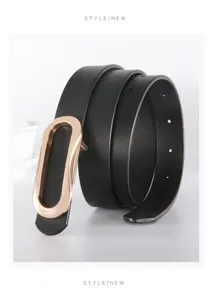 Women's simple leather belt with rose gold oval buckle, stylish and elegant daily wear.