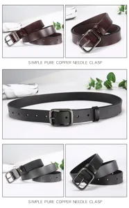 Close-up details van dames gespleten lederen riem met eenvoudige zinklegering vierkante doorn gesp.