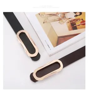 Women leather belt minimalist smooth metal buckle narrow waist strap fashion casual trousers