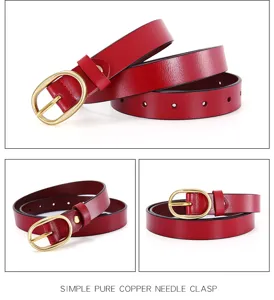 Damen roter Echtleder Gürtel mit stylischer goldener Metallschnalle für Jeans und Alltag.