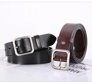 Minimalist square buckle leather belt for women, casual vintage retro waist belt, black and brown.