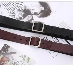 Detail shot of classic leather belts with silver square buckles, premium texture and versatile style.