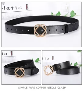 Élégante ceinture en cuir noir pour femme avec boucle métallique géométrique dorée