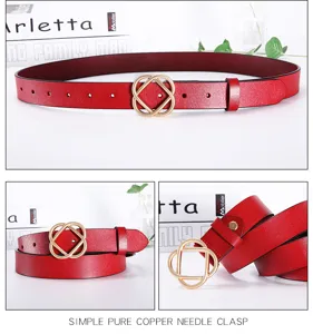Ceinture en cuir rouge pour femme avec boucle dorée élégante, accessoire idéal pour les pantalons.