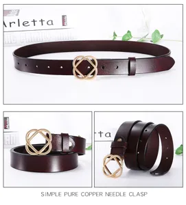 Ceinture en cuir véritable pour femme avec boucle géométrique élégante, idéale pour les robes.