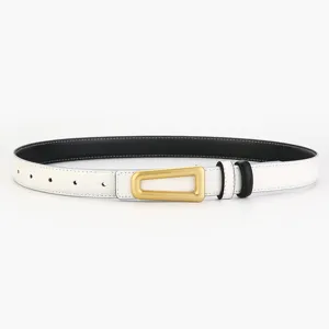 Ceinture en cuir blanc pour femme avec boucle géométrique dorée rétro pour robe et pantalon
