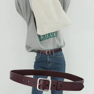 Minimalist Retro Genuine Leather Belt For Women Casual Daily Dress Pants Metal Square Pin Buckle Waistband Fashion Accessories