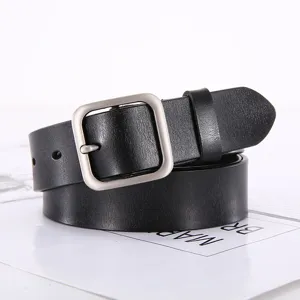 Classic black leather belt for women with elegant modern square metal buckle main view