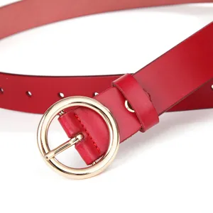 Red leather belt for women with elegant round gold metal buckle fashion accessory main view