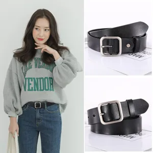 Stylish women's leather belt with square buckle, vintage casual waist belt for daily wear.
