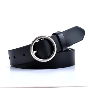 Womens black leather belt with round metal buckle for casual daily wear and fashion.