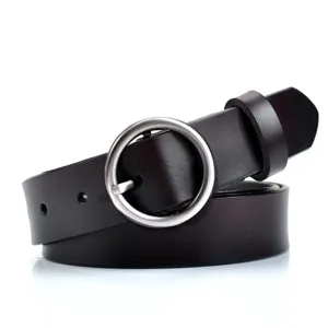 Women leather belt with stylish round metal buckle, casual waist strap for daily outfits.