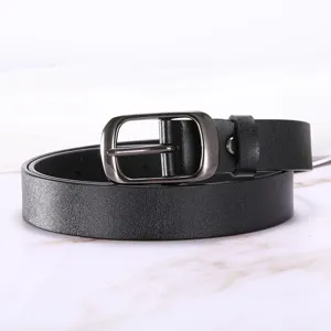 Classic black leather belt for women, stylish metal pin buckle, versatile casual waist belt.