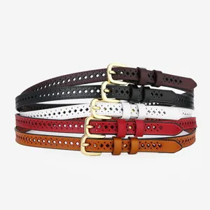 Women's leather hollow belt with pin buckle, stylish casual waist strap for jeans.