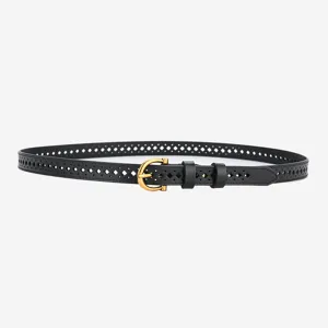 Black leather belt for women featuring stylish hollow out pattern and chic gold pin buckle.