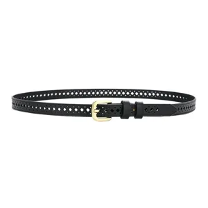 Black leather belt for women with hollow out geometric pattern and elegant gold pin buckle.
