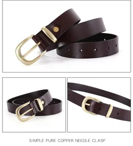 Classic dark brown leather belt for women with elegant golden pin buckle, stylish and durable.