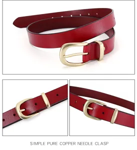 Red leather women belt with gold tone metal pin buckle, simple casual jeans waist belt style.