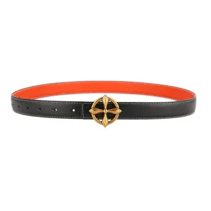 Classic leather women double sided belt with stylish cross buckle for casual pants and jeans