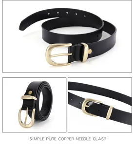 Minimalist women leather belt detail showing pure copper needle clasp and smooth texture