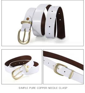 Detailed view of white genuine leather women belt with classic brass needle buckle.