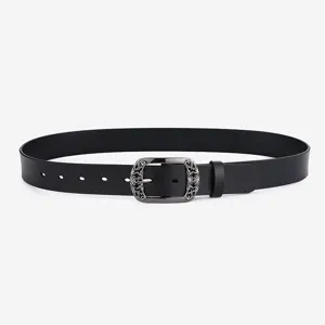 Cintura in vera pelle nera con fibbia in metallo intagliato vintage per uomo e donna.