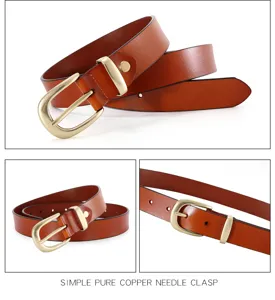 Closeup detail of brown leather belt with pure copper needle clasp, stylish and elegant.