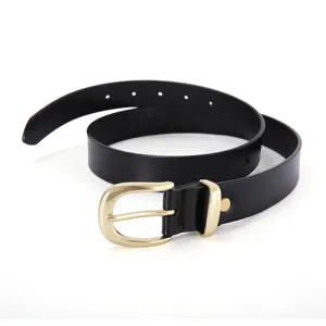 Women's black leather belt with gold metal buckle, casual jeans belt for daily wear.