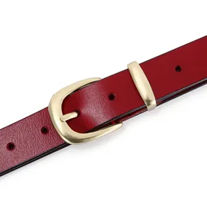 Red leather belt for women with gold metal buckle, stylish casual waist belt main view.