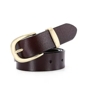 Genuine leather women belt in dark brown color with stylish metal buckle for casual pants
