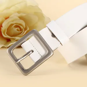 White leather belt for women with modern square metal buckle simple fashion accessory style