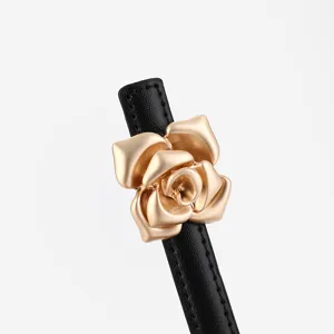 Women Thin Genuine Leather Belt Elegant Rose Flower Metal Buckle Waist Cincher Strap Dress Decorative Belt