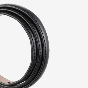 Women's thin black leather belt with detailed stitching, perfect for dresses and trousers.