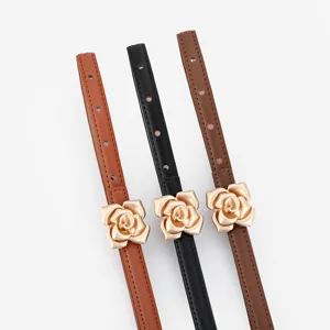 Women thin leather belt with metal rose flower buckle waist cinch dress accessory